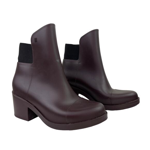 MELISSA Rubber Elastic Boots Bordeaux Block Heeled Slip-On Rainboots Booties 39 - Picture 1 of 9